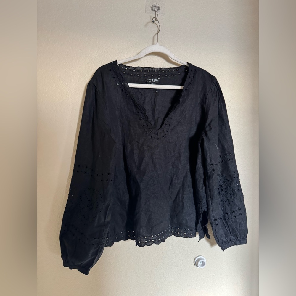 J. Crew Bungalow embroidered eyelet long sleeve linen top size large in black - Picture 2 of 7